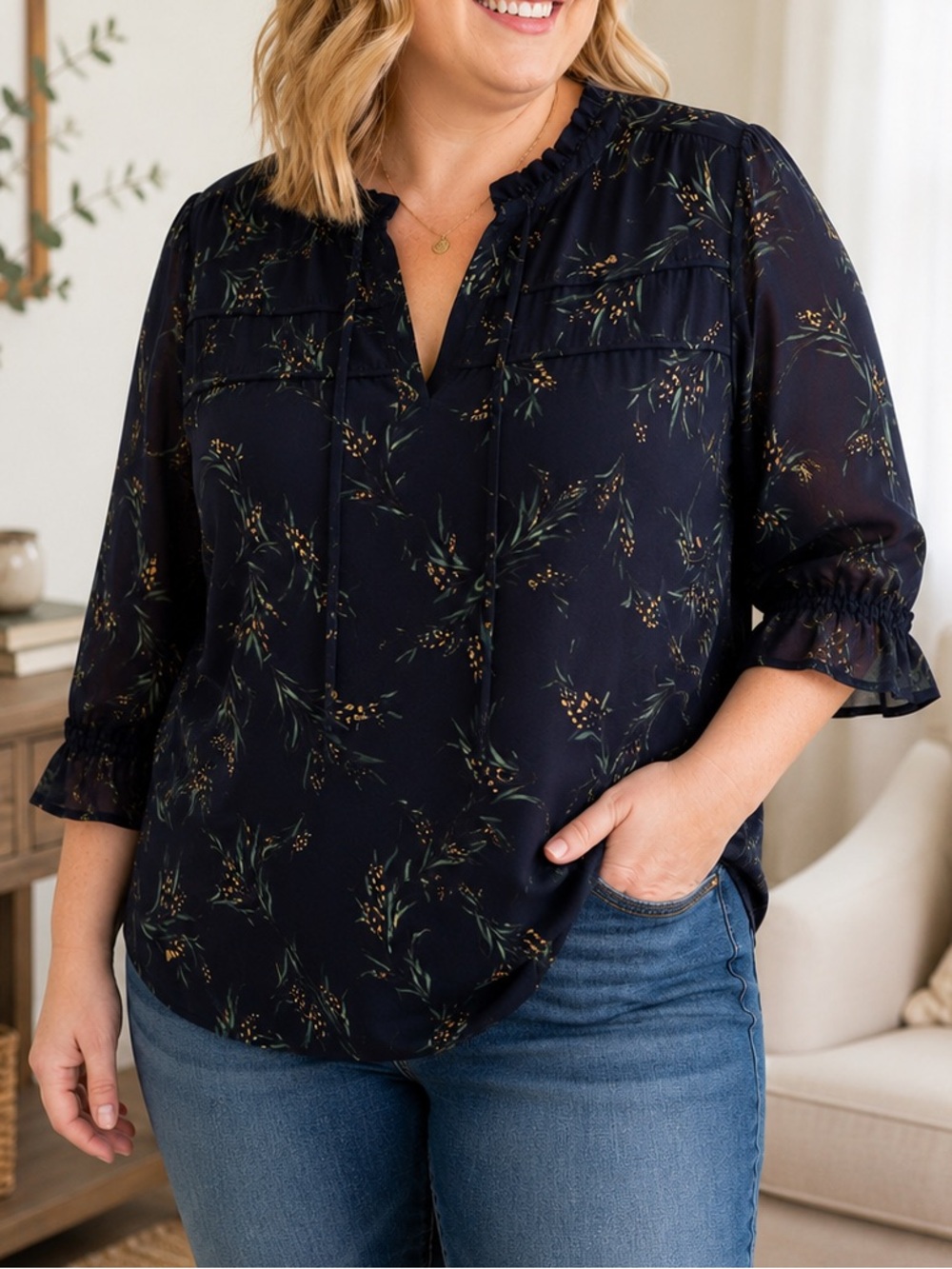 Reitmans Floral Chiffon Blouse XXL Navy Ruffle 3/4 Sleeve Lined Plus Size